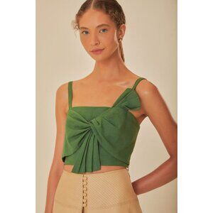 NWOT Farm Rio Green Bow Linen Crop Top Square Neck Sleeveless Statement Tank M